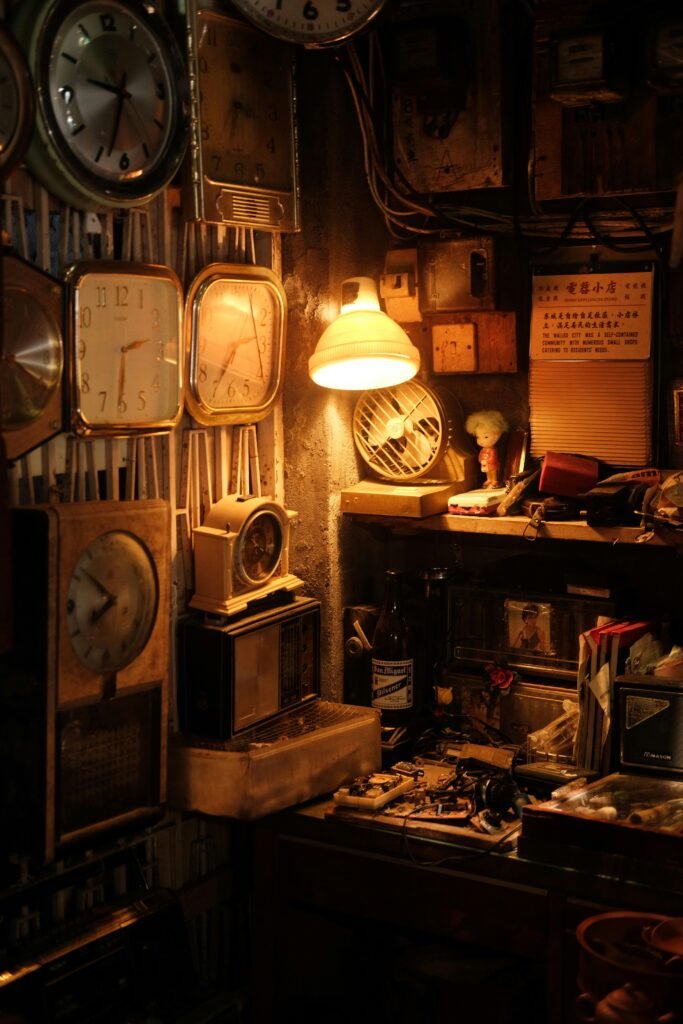 Classic detective mystery story Vintage clockmaker shop setting